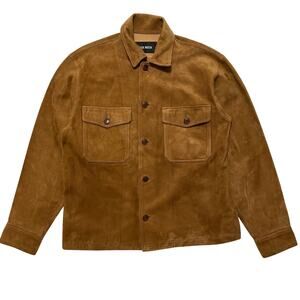 Buck Mason Button Down Pockets Leather Suede Shirt Trucker Jacket Brown S
